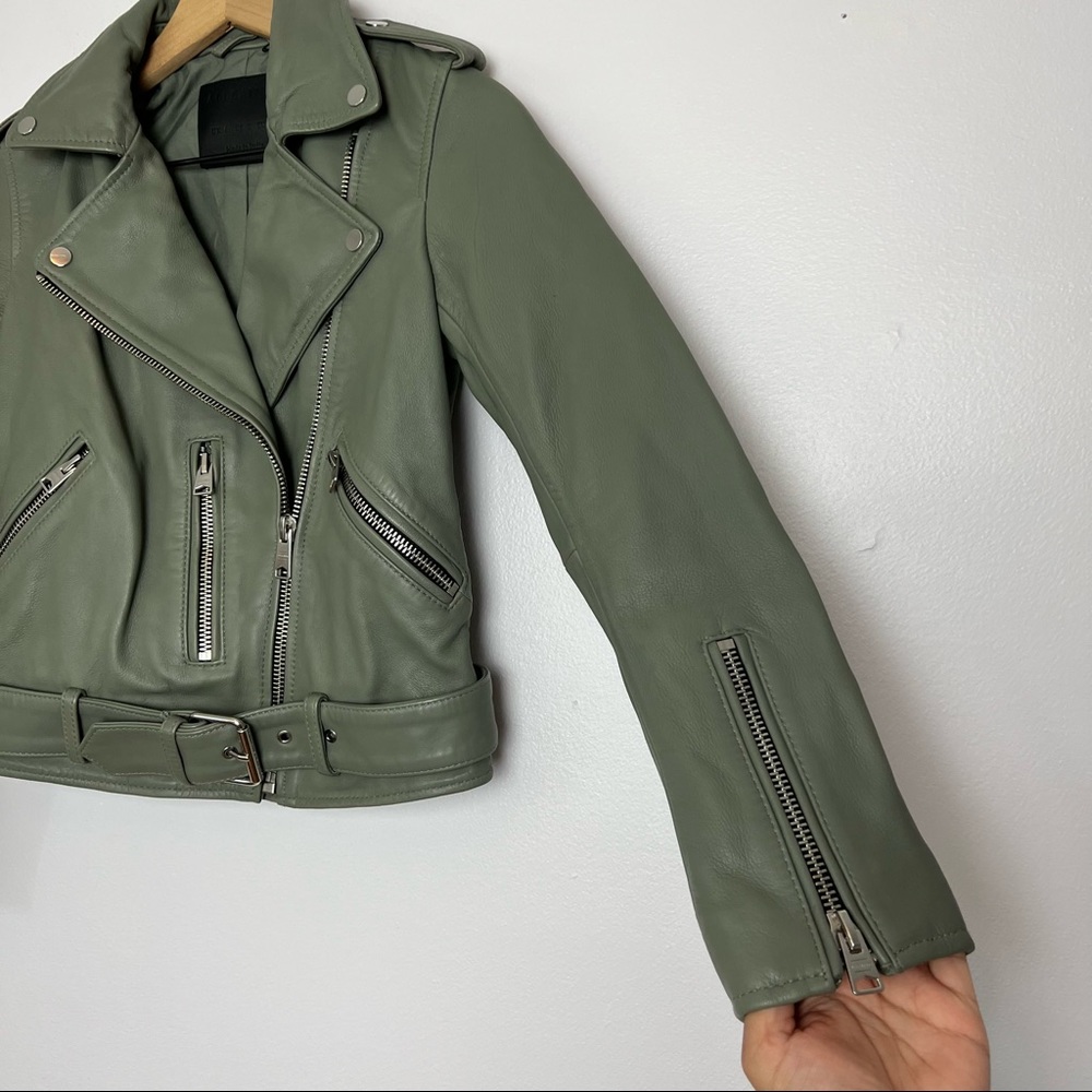 NEW ALL SAINTS Balfern Leather Biker Jacket In Sage Green, Size 2 - Picture 9 of 16